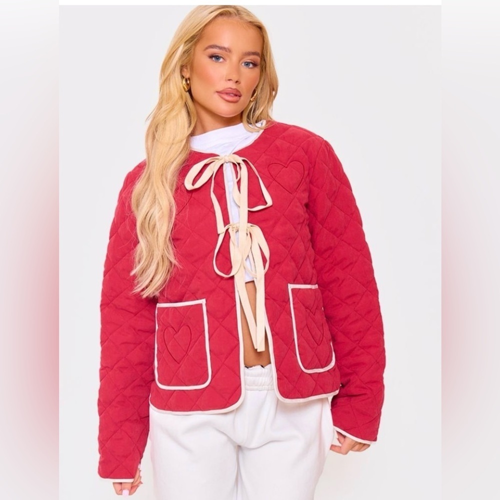 PRETTYLITTLETHING Red heart shape Quilted Stitch Detail Lightweight Jacket US4